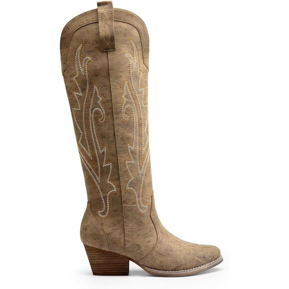 Womens Faux Leather Tan Embroidered Side Zipper Chunky Heel Retro Tall Boot - Picture 5 of 9